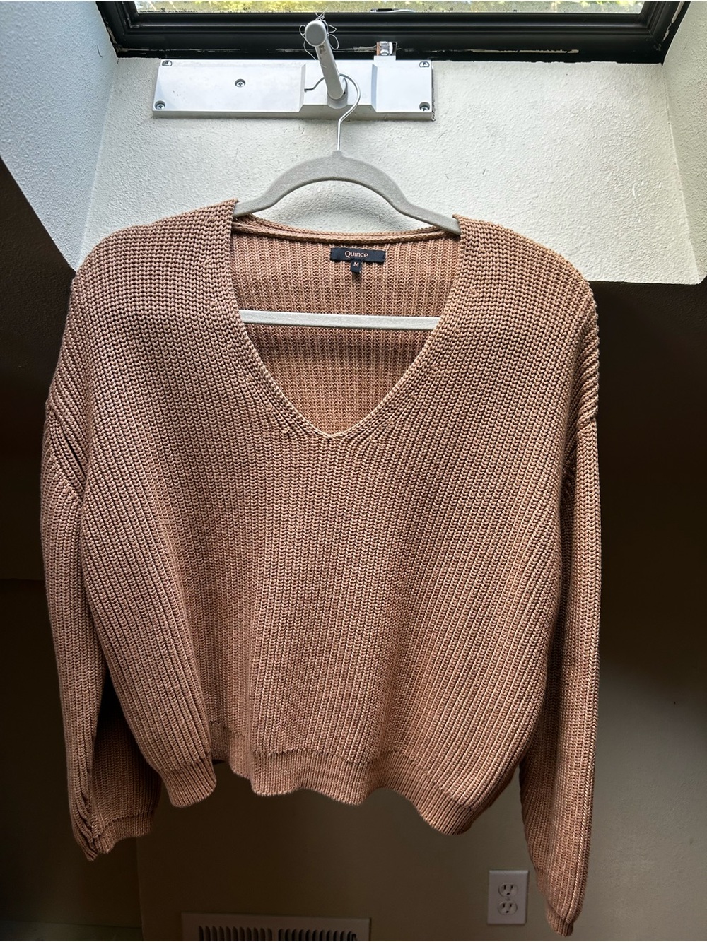Quince 100% Organic Cotton Fisherman Chunky V-Neck Sweater Camel Size Medium